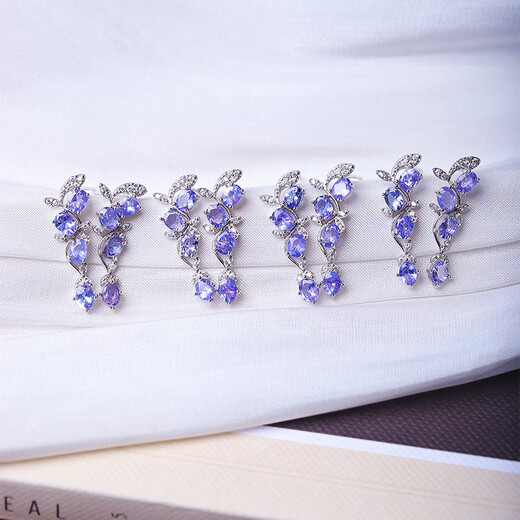 Weici boutique natural tanzanite sterling silver inlaid earrings for women, silver inlaid colorful gemstone crystal earrings jewelry, loose stone about 3*4MM, one pair sent