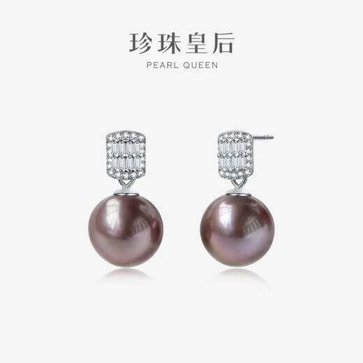 Pearl Queen (PearlQueen) Mother's Day gift purple freshwater pearl earrings S925 silver earrings 11-12mm nearly perfect round