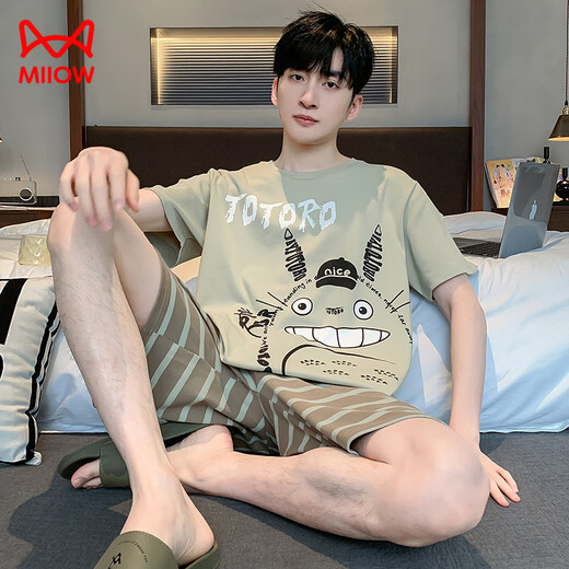 MiiOW 2023 new men's pajamas short-sleeved pure cotton plus fat plus size youth student home clothes suit summer day light brown 9906#beckoning chinchilla M small 75-95Jin Jin is equal to 0.5 kg