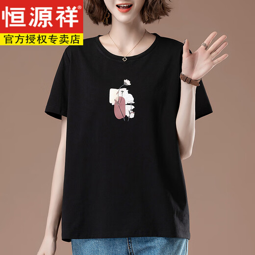 Hengyuanxiang plus fat plus size summer new loose embroidered short-sleeved T-shirt for middle-aged mothers casual cotton tops T-shirt 9896 black L 100-115Jin Jin equals 0.5 kg