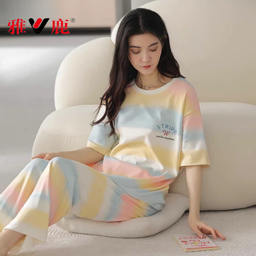 Yalu pajamas for women in spring and summer pure cotton short-sleeved trousers thin Korean cute rainbow contrasting home clothing set Z9711 2XL [recommended 140-160Jin [Jin equals 0.5 kg] wear]