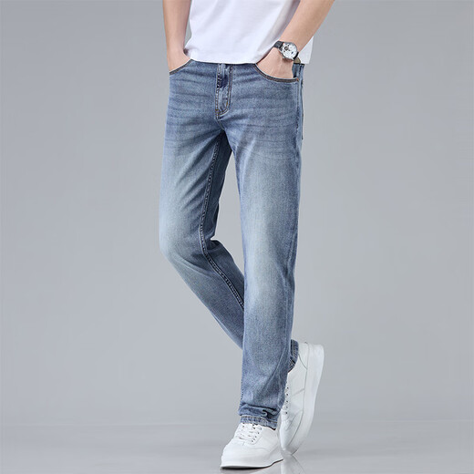 Lilang Hong Kong High-End Hellblau Han Seidenjeans Herren schlanker gerade Stretchhose 2025 Sommer Dünn 1048 Hellblaue Hosen* dünn 30