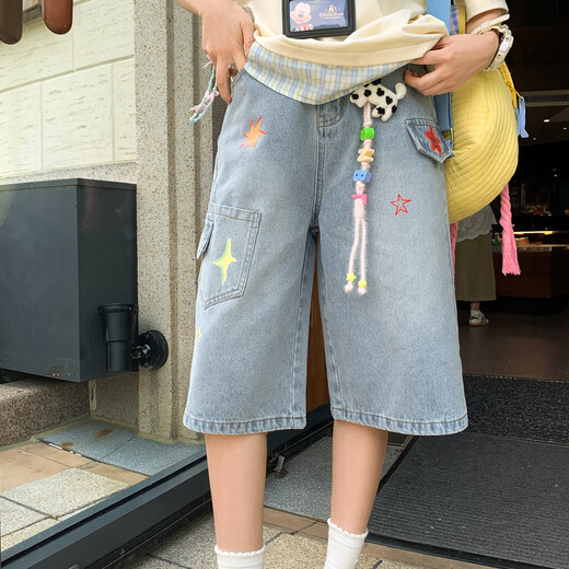 Originale waschbare und abgenutzte Jeans für Frauen im sommerlichen dünnen Stil, vielseitige lose Stern-Print-Shorts mit weitem Bein, blaue Hosen, m