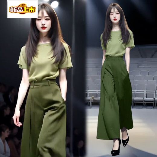 初径时尚套装女夏季新款时髦洋气短袖恤高腰阔腿裤气质两件套潮 蓝色上衣+黑色裤子(套装) S (80-100斤)