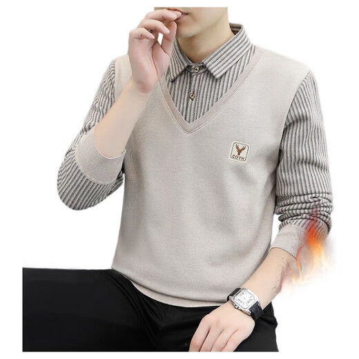 Thick velvet men's fake two-piece autumn and winter warm sweater sweater daddy's bottoming shirt shirt long sleeve 9036 beige (thick velvet) L recommended 110-130 Jin Jin equals 0.5 kg
