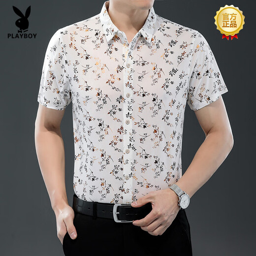 Playboy (Playboy) High-End 25 Sommer Neuem Hemd für kurze Ärmel Ice Seide dünn bedrucktes Hemd Modetrend lässig Daddy Anzug 9898 Gold M 165