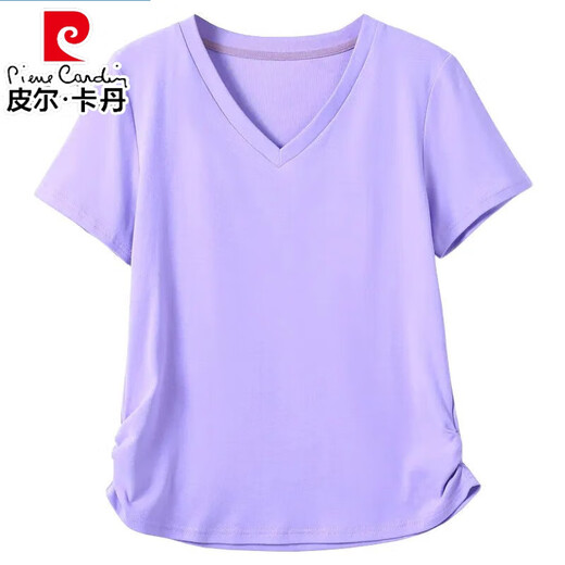 皮尔卡丹（pierre cardin）薄款休闲纯棉v领正肩短袖T恤女夏季韩版新款时尚运动气质T恤衫潮 气质紫(纯棉9854款) S 85-95斤