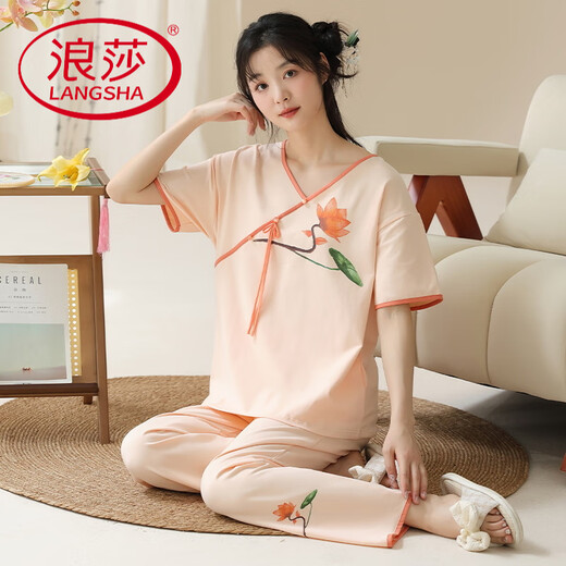浪莎（LangSha）新中式国风睡衣女夏季新款短袖长裤时尚洋气可外穿睡衣家居服套装 G9905 【短袖长裤】 M 建议75斤-95斤
