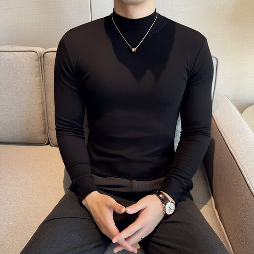 JEEP SPIRIT Jeep half-high collar long-sleeved bottoming shirt men's spring and autumn tight-fitting versatile solid color stretch Korean style slim-fitting mid-collar top black XL (130-145Jin Jin equals 0.5kg)