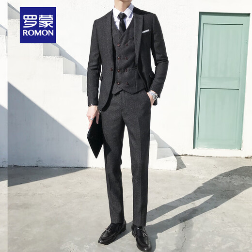 ROMON Peaky Blinders Shave Party Suit Men's Shelby Suit Tweed Groom Wedding Retro Three Pieces Khaki (Suit + Vest + Pants) M 48