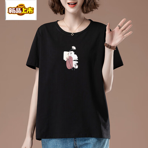 初径加肥加大码夏季新款宽松刺绣短袖t恤女中年妈妈休闲棉上衣体恤 9896黑色 XL 115-130斤
