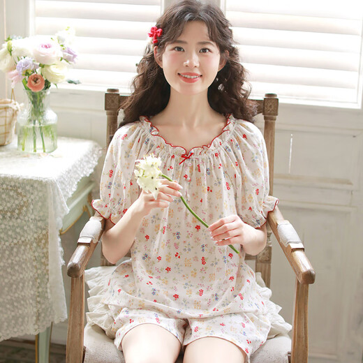 眠岛夏季短袖短裤睡衣女甜美小清新纯棉纱布可外穿家居服套装 碎花 L (158-168cm 130斤以内)