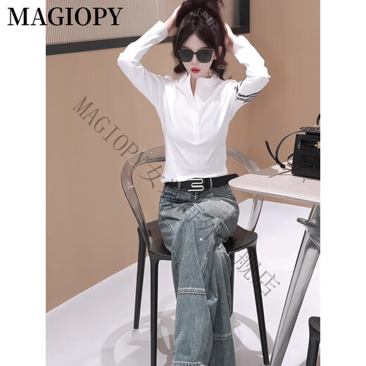 
MAGIOPY International Luxury High-end Brand Hong Kong Style Fashion Fashion Set Women's 2025 Spring Temperament Slim White Long Sleeve Top White Top + Gray Jeans S (100Jin [Jin equals 0.5 kg])