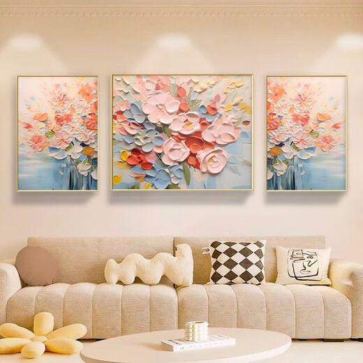 Peach Beauty Creme Blume Wohnzimmer Dekoration Gemälde Textur Triptychofa Hintergrund Wand Zusammenfassung Hängende Malerei Moderne einfache Wandveränderung 3890 Nektar-C [Standard goldbürstete Aluminium-Legierungsrahmen] Medium 70*50 Seiten 35*50 [Textilkristallporzellanstrich]