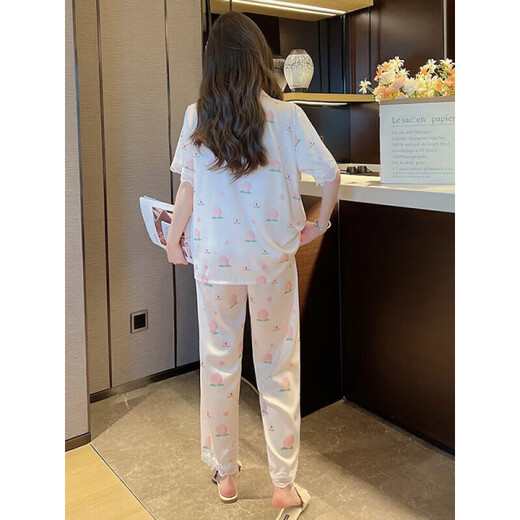 鎏蔓栗夏季睡衣女冰丝水蜜桃蕾丝短袖长裤甜美少女生居家居服套装可外穿 套YFY9905#【短袖长裤】 M 【建议80-100斤】
