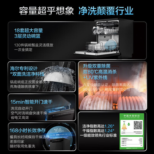 Haier home built-in double-sided dishwasher, large 18 sets + 3 large capacity, AI intelligent control, double 80 high temperature cleaning, first-class water efficiency, fully automatic built-in dishwasher L7, new double-sided washing, 18 sets, three layers | six-star UV disinfection