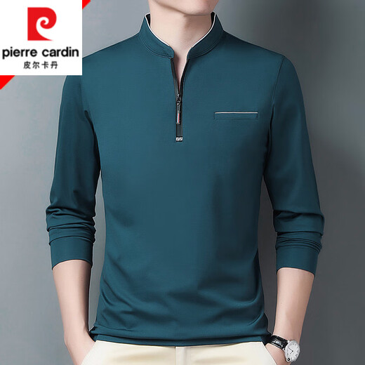 皮尔卡丹（pierre cardin）纯棉长袖t恤男春秋季休闲薄款体恤中年男装立领打底衫上衣 长袖6623黑色 薄款 M 165建议120斤以内