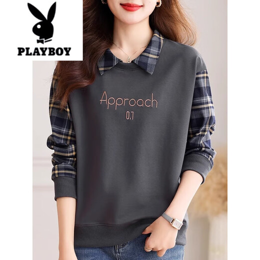花花公子（PLAYBOY）假两件绣花卫衣女2025新款春秋装百搭显瘦休闲宽松打底衫加绒上衣 浅灰色（春秋款） M (80-95斤)