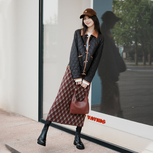 EP Yaying machine washable college style high waist loose brushed plaid skirt straight skirt 2025 winter new style 3512A burgundy M