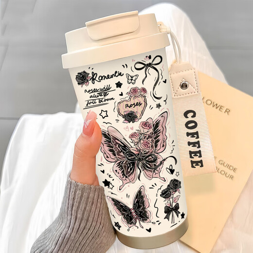 Lock Lock (Lock/Lock) Simple Butterfly Thermos Copa de acero inoxidable Portable Doble Coffee Coffee Copa 2025 nueva taza de agua de paja para mujeres BW1048 Azul mariposa + con cordón