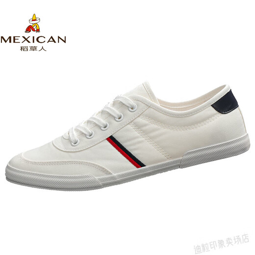 稻草人（MEXICAN）小白鞋男鞋子男春秋低帮透气百搭软底轻便男士休闲鞋帆布男款 米白 9272款细纹帆布 38