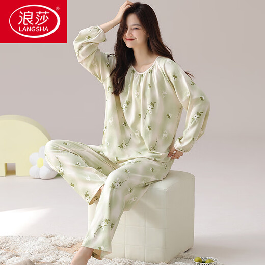LangSha (LangSha) Spring and Autumn Long Sleeve Large Size Pajama Set Women's Cotton with Chest Pad Integrated Chinese Style Home Furnishing Clothes Student Loose Summer and Winter HRY1049 M (Suggested 75-95 Jin [Jin equals 0.5 kg])