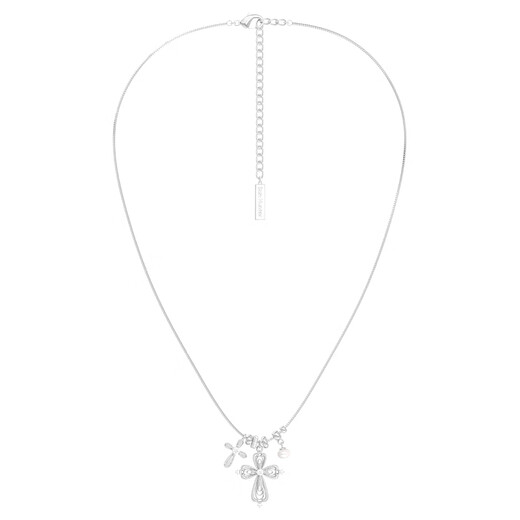 Three Horizontal SUN HUNTER Lace Shimmer Original Multi-Pendant Cross Plain Chain Light Luxurious Clavicle Chain Necklace Multi-Pendant Cross Necklace (Silver)