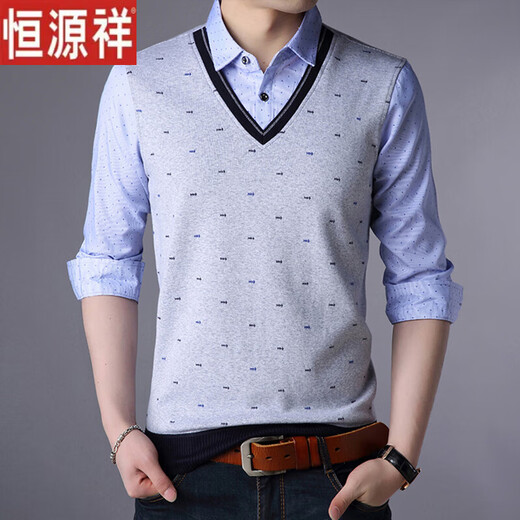 
Hengyuanxiang shirt collar fake two-piece T-shirt men's long-sleeved middle-aged spring and autumn base shirt Korean style slim knitted T-shirt men's trendy top 3878 red L reference 115-130Jin [Jin equals 0.5 kg]