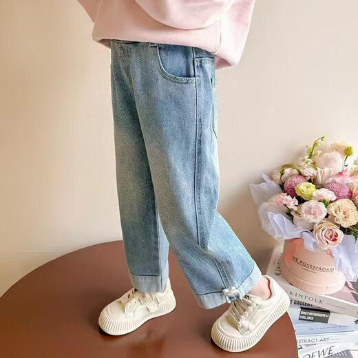 Girls' pants autumn 2025 new style of small and medium-sized children's straight-leg pants girls fashionable jeans children's wide-leg pants autumn K-158 rabbit jeans 130 Recommended height 120-130cm