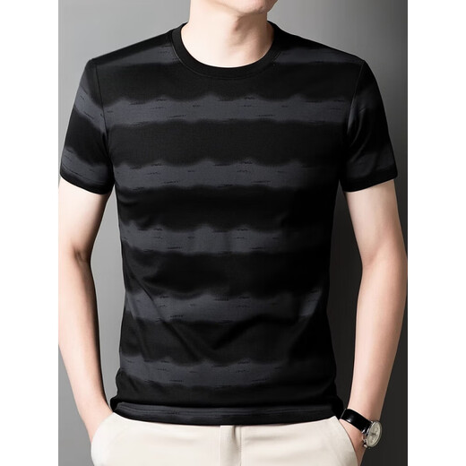
KOOSHI luxury round neck short-sleeved T-shirt for men's summer new trendy striped half-sleeved top fashionable casual T-shirt for men 3692 white M [90-110Jin [Jin equals 0.5 kg]]