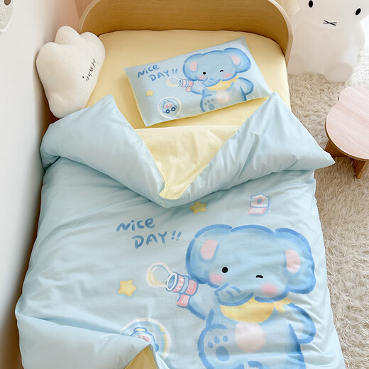 JOYNCLEON Kindergarten three-piece quilt set, pure cotton, Class A quilt, six-piece set for kindergarten bedding, special small quilt for nap, Happy Little Elephant 100 Xinjiang pure cotton, easy to use in all seasons, three-piece set (quilt cover 120*150cm, cushion cover 60*132