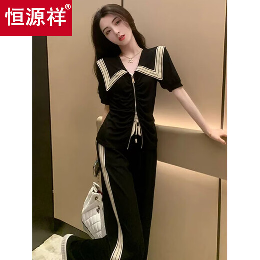 恒源祥时尚流行运动休闲两件套装女夏季新款日常舒适翻领短袖显瘦阔腿裤 黑色套装(高品质) S 70-90斤