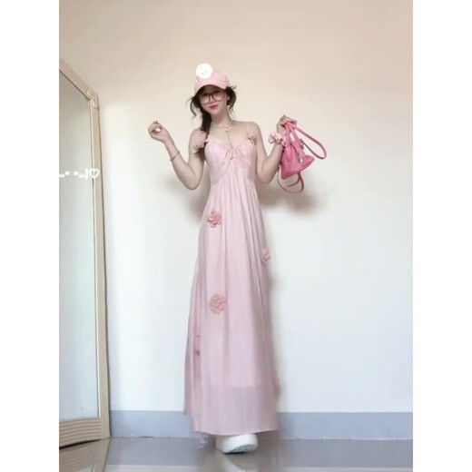 今年流行的漂亮长裙子法式独特超好看花朵吊带连衣裙2025新款夏季 粉色裙(花花别针可拆卸) S 【建议90-100斤】