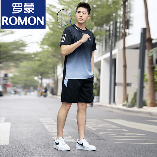 罗蒙（ROMON）男士跑步速干休闲运动套装男夏季薄款加肥加大码短袖两件羽毛球服 蓝色 9902 L 90-110斤