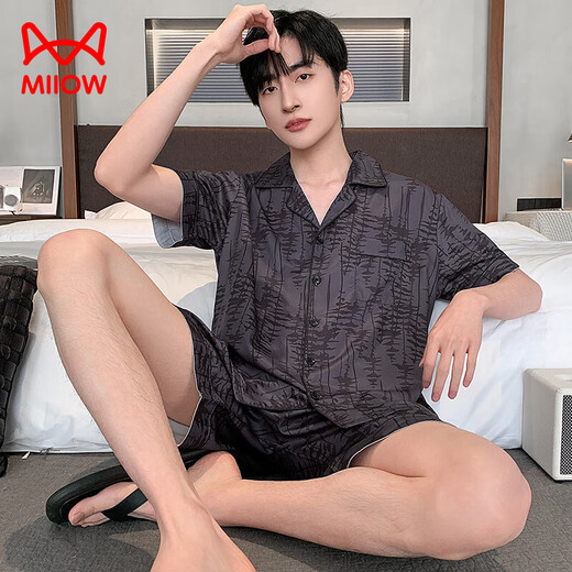 Katzenmänner Pyjamas Männer Eis Seiden Sommer Neue komfortable Strickjacke kurzärmelige lässige einfache Herren-Hausbekleidungsanzug können außerhalb der QY-MYMD6629-SET-MEN L für 110-130jin geeignet sein [Jin entspricht 0,5 kg]