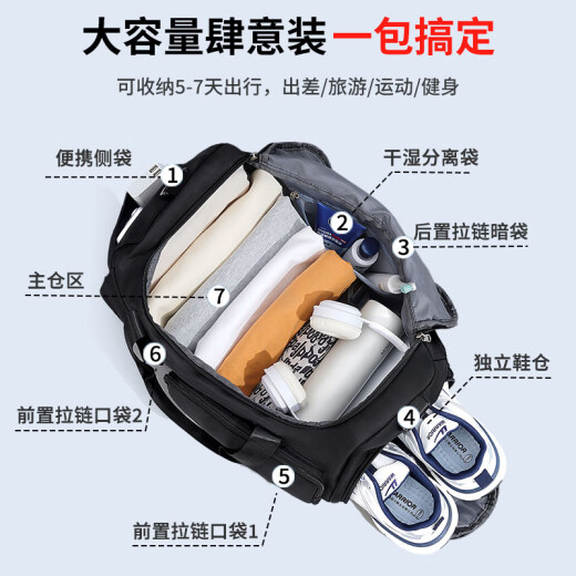 回力旅行包男大容量短途出差行李包轻便手提斜挎单肩包干湿分离健身包 黑色【升级7仓大容量收纳】