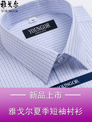GY雅戈尔男士短袖衬衫夏季纯.棉免烫中年休闲商务职业正装格子衬衣 短袖蓝色DX6630 38