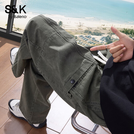 Baleno S&K series pure cotton workwear casual pants for men spring and autumn new loose straight spring and autumn wear-resistant trousers versatile military green L