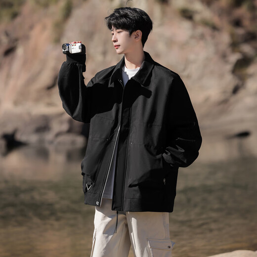 IZEXX lapel coat men's autumn Barn style trendy casual tops loose youth jacket HZ10 amber black L