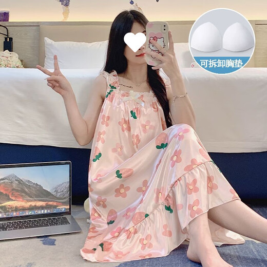 UKUHPK nightgown for women in summer with breast pad, ice silk, cool suspender pajamas, summer ladies, sweet and cute home clothes, spring and autumn 1355-Strawberry Flower Ice Silk M 75-100Jin Jin is equal to 0.5 kg