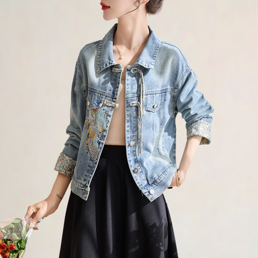 OLJ high-end brand short jacket for women in 2025 Spring and Autumn New Chinese style embroidered denim splicing top Pink embroidery M