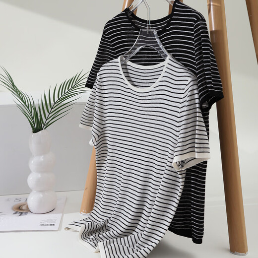 Sophie Ser Round Seck Shece Lint Risted Thind Sweater для женщин 2025 Летняя мода Универсальная повседневная черная полоса