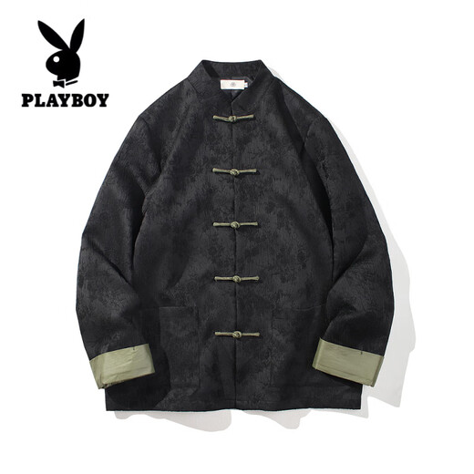 花花公子（PLAYBOY）新中式唐装男中国风秋冬季长袖夹克复古盘扣汉服宽松大码男士外套 Y756黑色 M 100-120斤