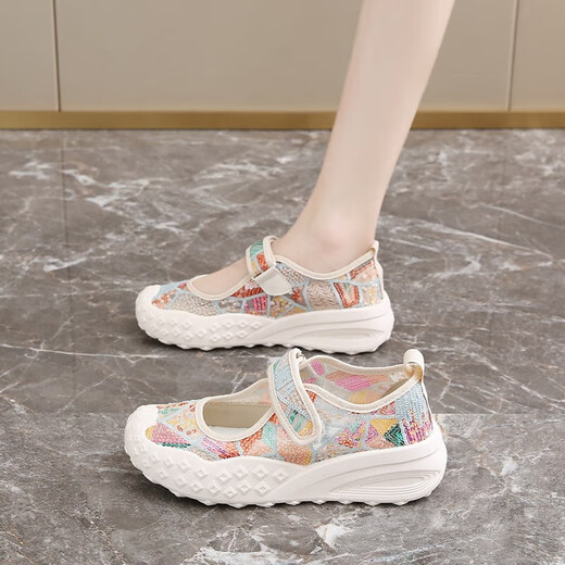 Women's shoes 2025 summer new breathable and lightweight Mary Jane Velcro one foot thick sole anti-slip slow step mother's shoes YGNX-677 blue 34