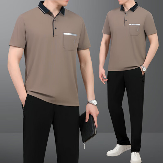 JEEP SPIRIT高档爸爸夏装男士短袖t恤运动套装男2025新款中老年父亲夏季冰丝 682暗紫【短袖+短裤】 L