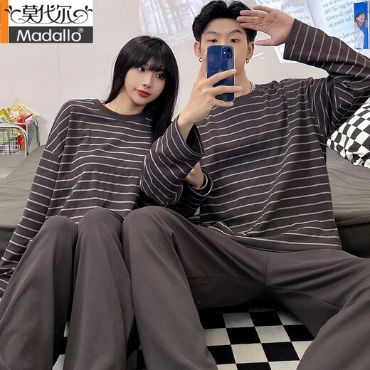 莫代尔情侣睡衣春秋季新款长袖纯棉男女士休闲高级感条纹家居服两件套装 #XF-15568 M 女[75-100]斤