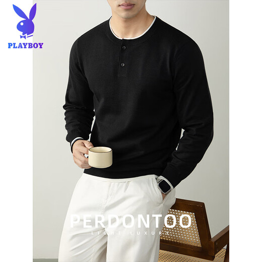 PLAYBOY Premium Sheep Wool & Modal Old Money Style Contrast Color Henley Collar Sweater Men's Spring and Autumn Skin Friendly Sweater Men Black M