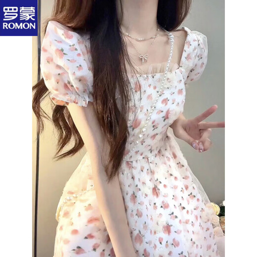 ROMON First Love Gentle Wind Puff Sleeve Puffed Sleeve Dress French Milk Sweet Floral Princess Skirt with a unique waist and beautiful summer White Floral [Stock Store Quality] L 100-120Jin [Jin equals 0.5 kg]