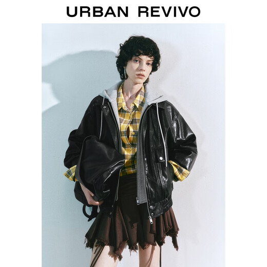 UR2025 Autumn New Women's Fashion Retro Modern Contrast Color Hooded Leather Jacket UYL150030+ Black M