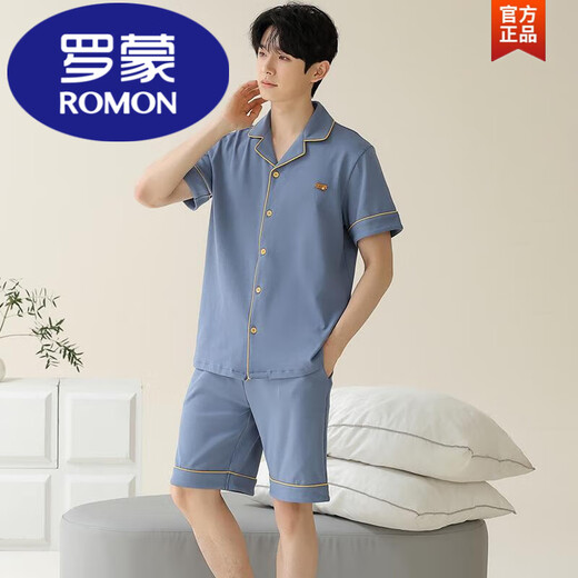 罗蒙（ROMON）睡衣男士夏季纯棉短袖短裤开衫薄款大码纯色休闲家居服套装夏季男 宝蓝色12805【100%纯棉】 L 【建议100-120斤穿】